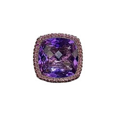 18K White Gold Tourmaline Checkerboard Cushion Cut Amethyst Engagement Ring