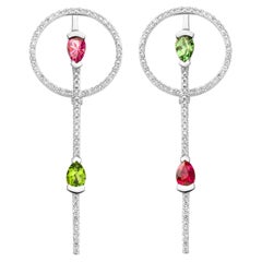 Boucles d'oreilles rondes en or blanc 18 carats avec tourmaline, rubellite et diamant 