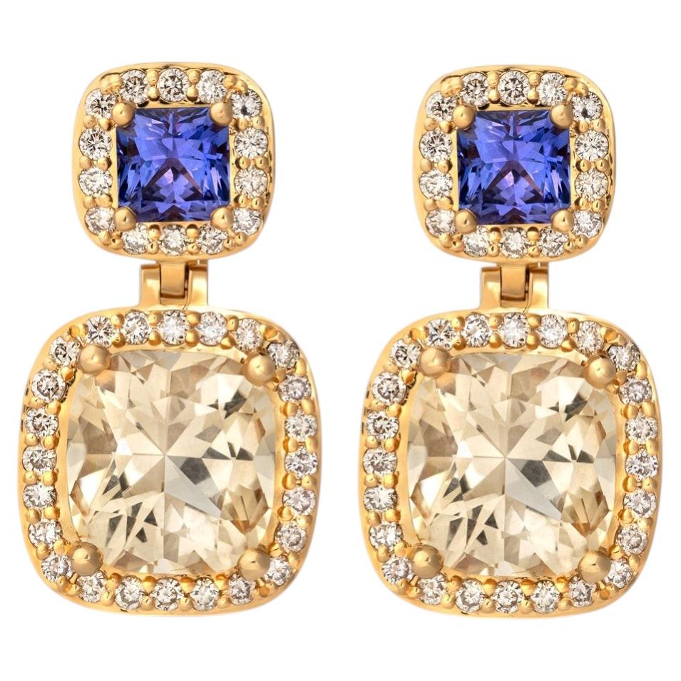 18K White Gold Tourmaline, Tanzanite & Diamond Drop Earrings