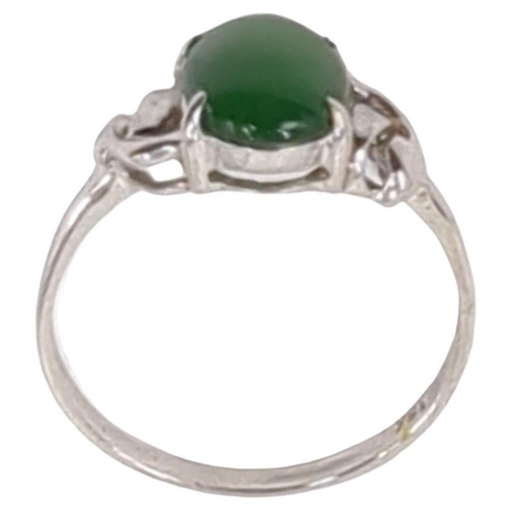 18K White Gold Translucent Deep Green Cabochon Jadeite Ring A-Grade Size 6 For Sale 6
