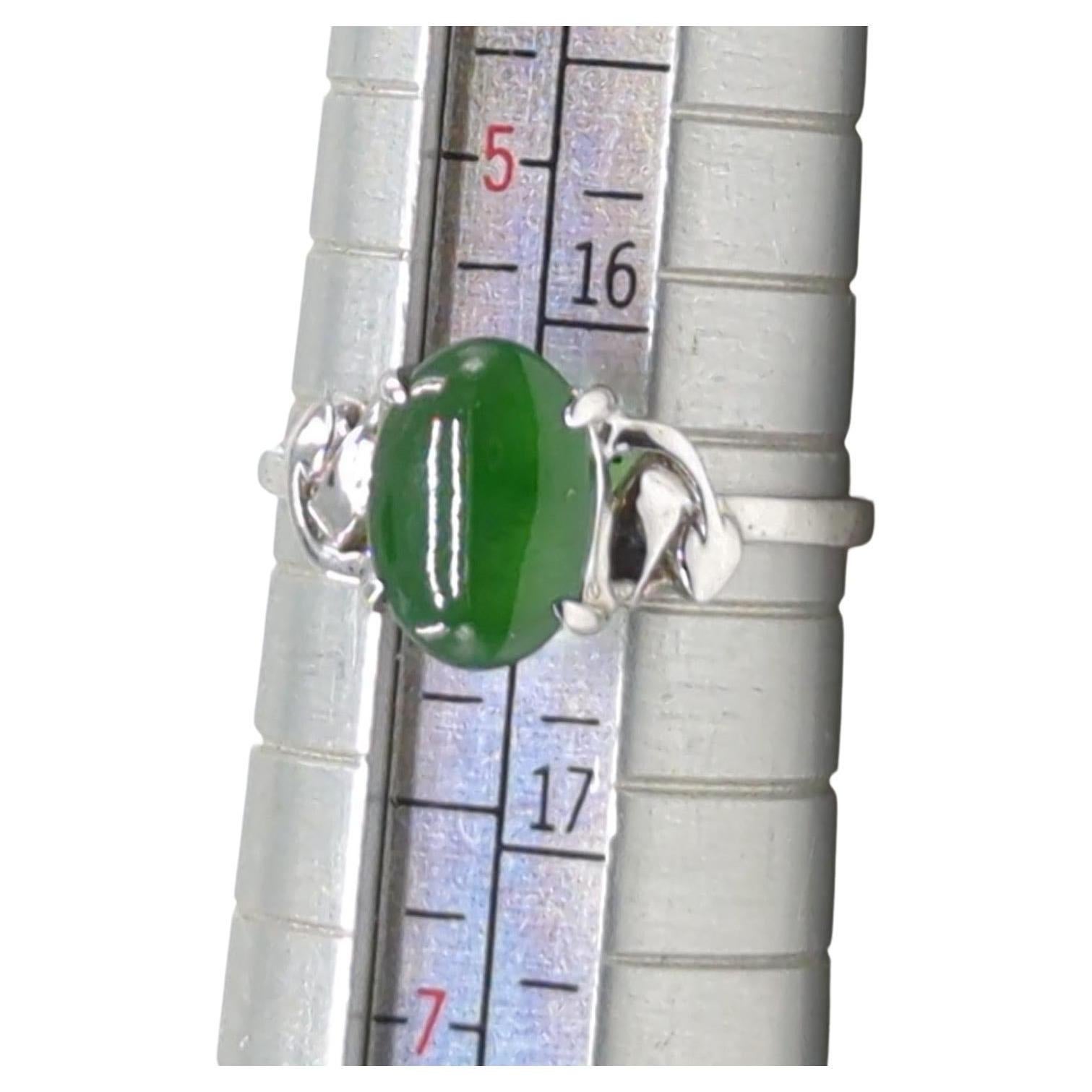 Artisan 18K White Gold Translucent Deep Green Cabochon Jadeite Ring A-Grade Size 6 For Sale