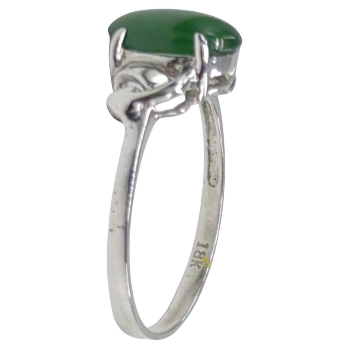 Women's 18K White Gold Translucent Deep Green Cabochon Jadeite Ring A-Grade Size 6 For Sale