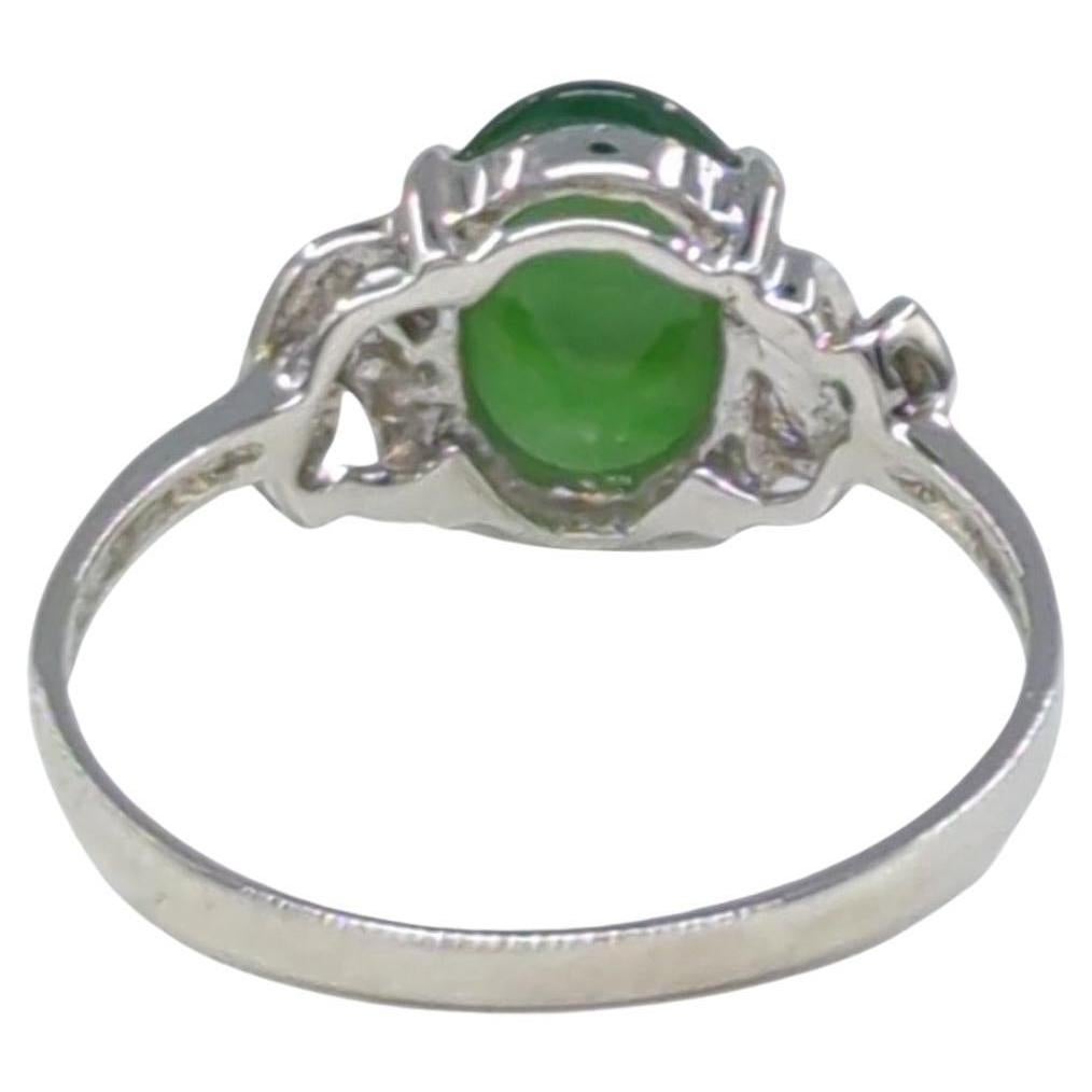18K White Gold Translucent Deep Green Cabochon Jadeite Ring A-Grade Size 6 For Sale 2