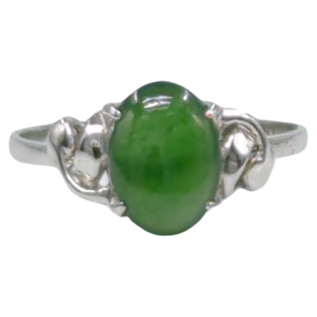 18K White Gold Translucent Deep Green Cabochon Jadeite Ring A-Grade Size 6 For Sale