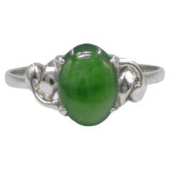 18K White Gold Translucent Deep Green Cabochon Jadeite Ring A-Grade Size 6