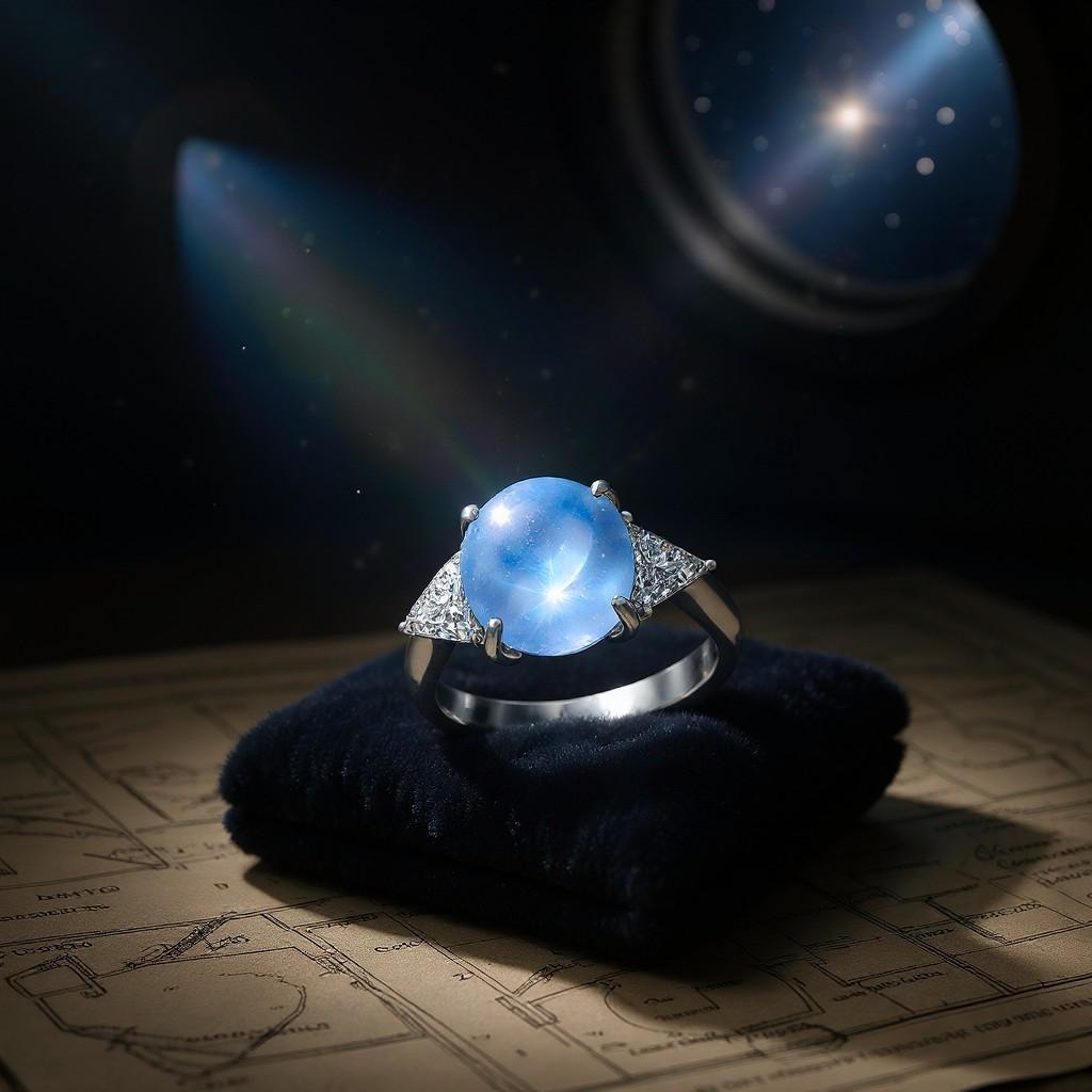 Taille cabochon Bague triangle en or blanc 18 carats avec saphir étoilé certifié GIA en vente