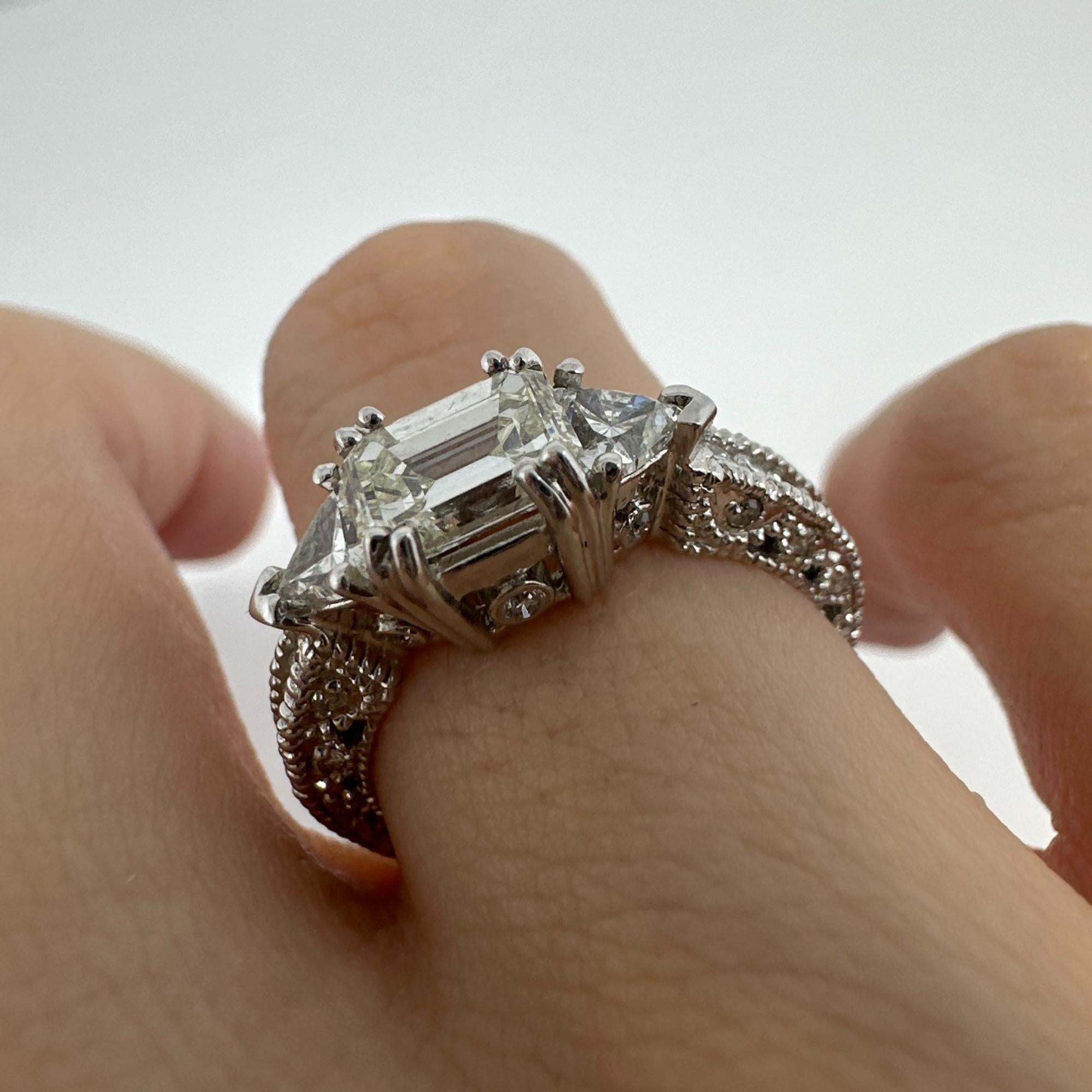 18K White Gold Trillion and Emerald Cut Diamond Ring For Sale 6