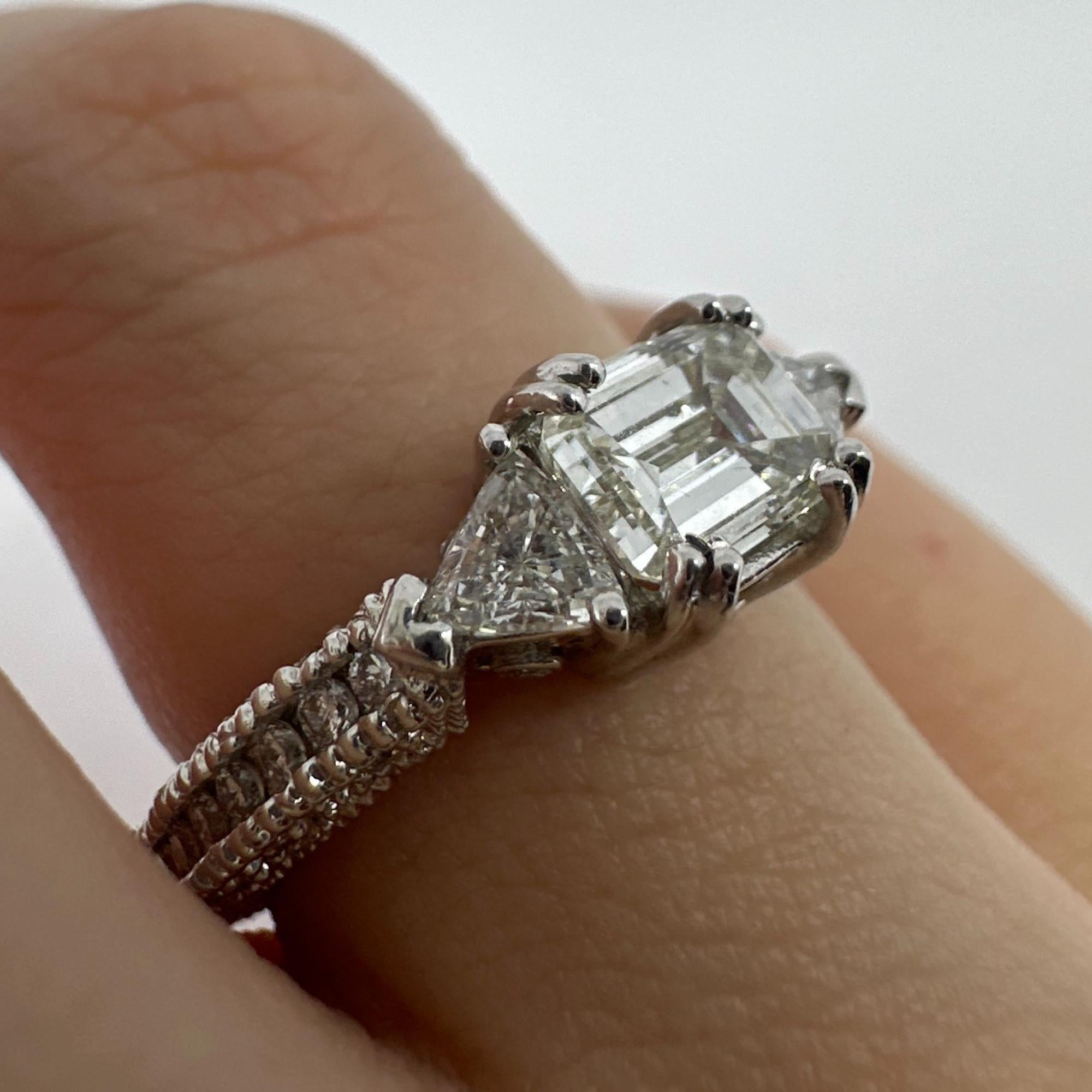 18K White Gold Trillion and Emerald Cut Diamond Ring For Sale 7
