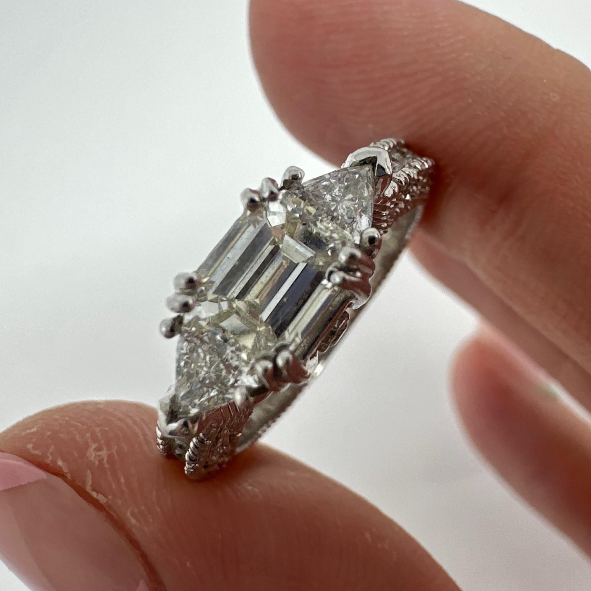 18K White Gold Trillion and Emerald Cut Diamond Ring For Sale 4