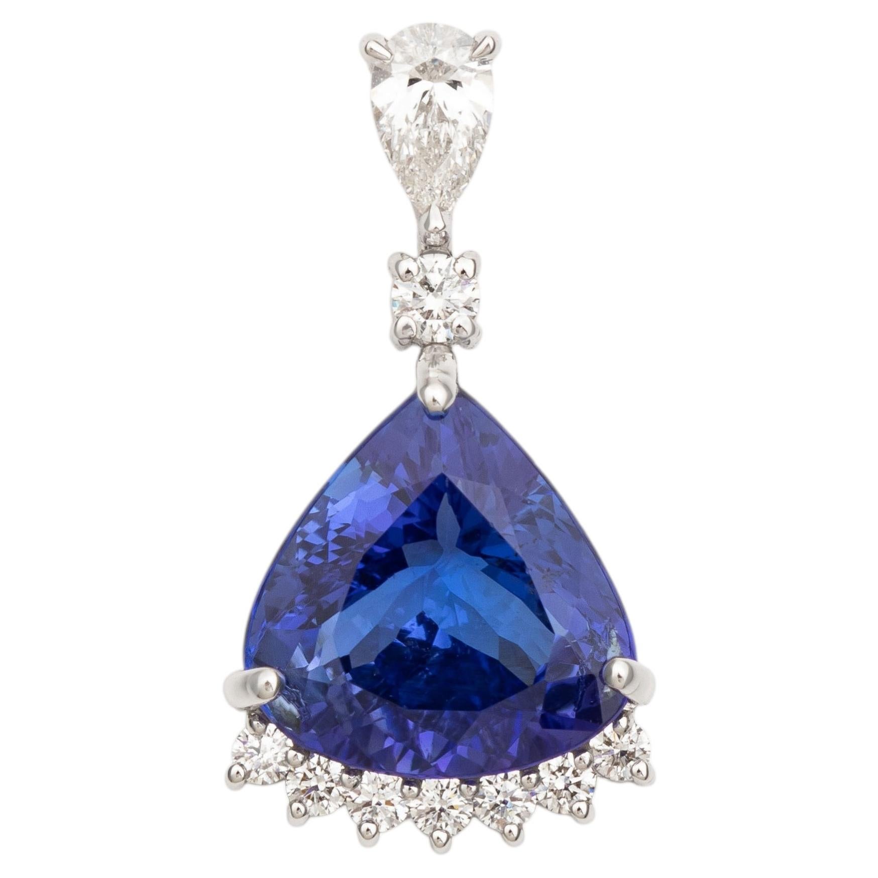18K White Gold Trillion Cut Blue Sapphire & Pear Shape Diamond Halo Drop Pendant For Sale