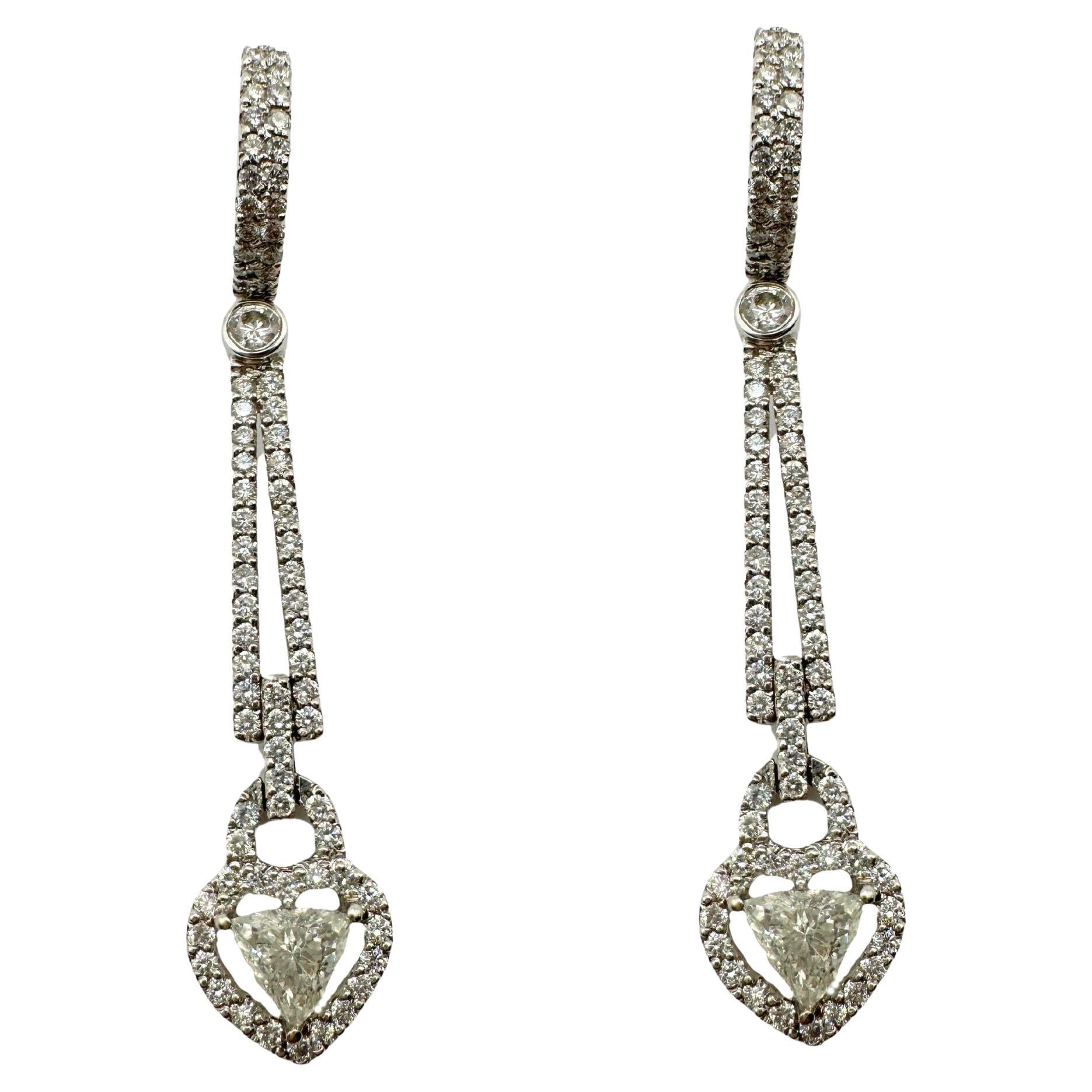 18K White Gold Trillion Cut Diamond Heart Drop Earrings