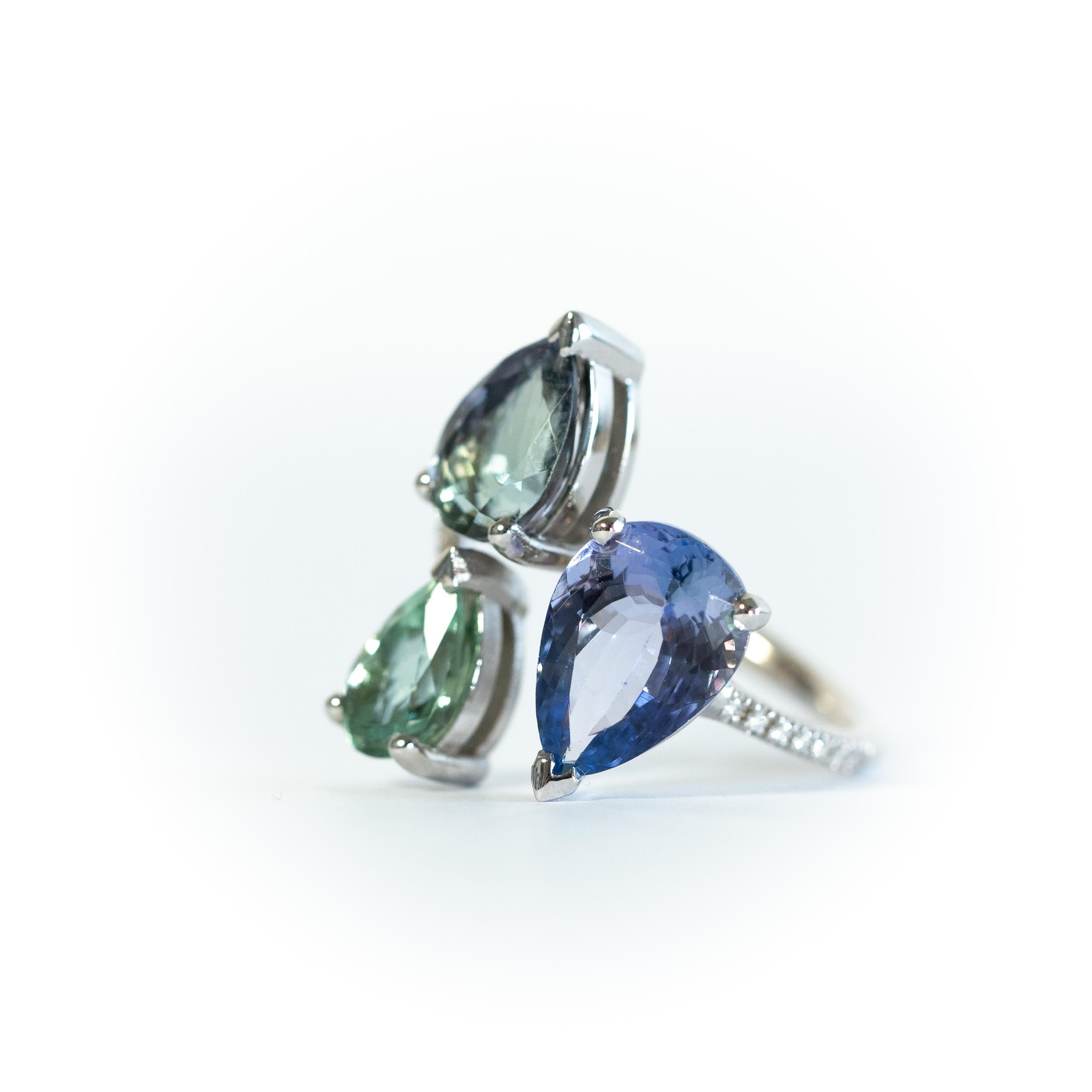 Contemporary 18K White Gold Trio Ring Set with Tanzanites, Tourmalines and Diamonds For Sale