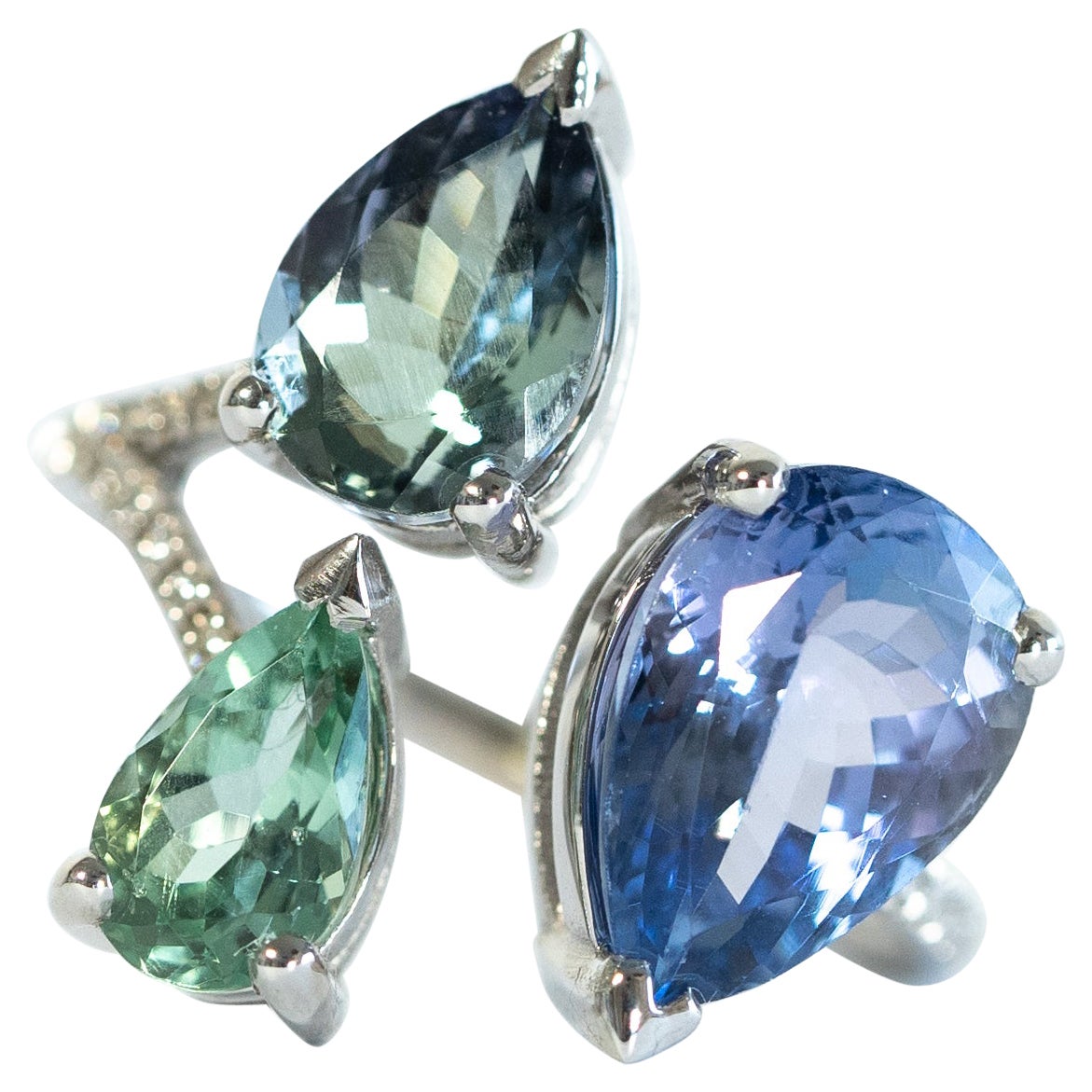 18K White Gold Trio Ring Set with Tanzanites, Tourmalines and Diamonds For Sale