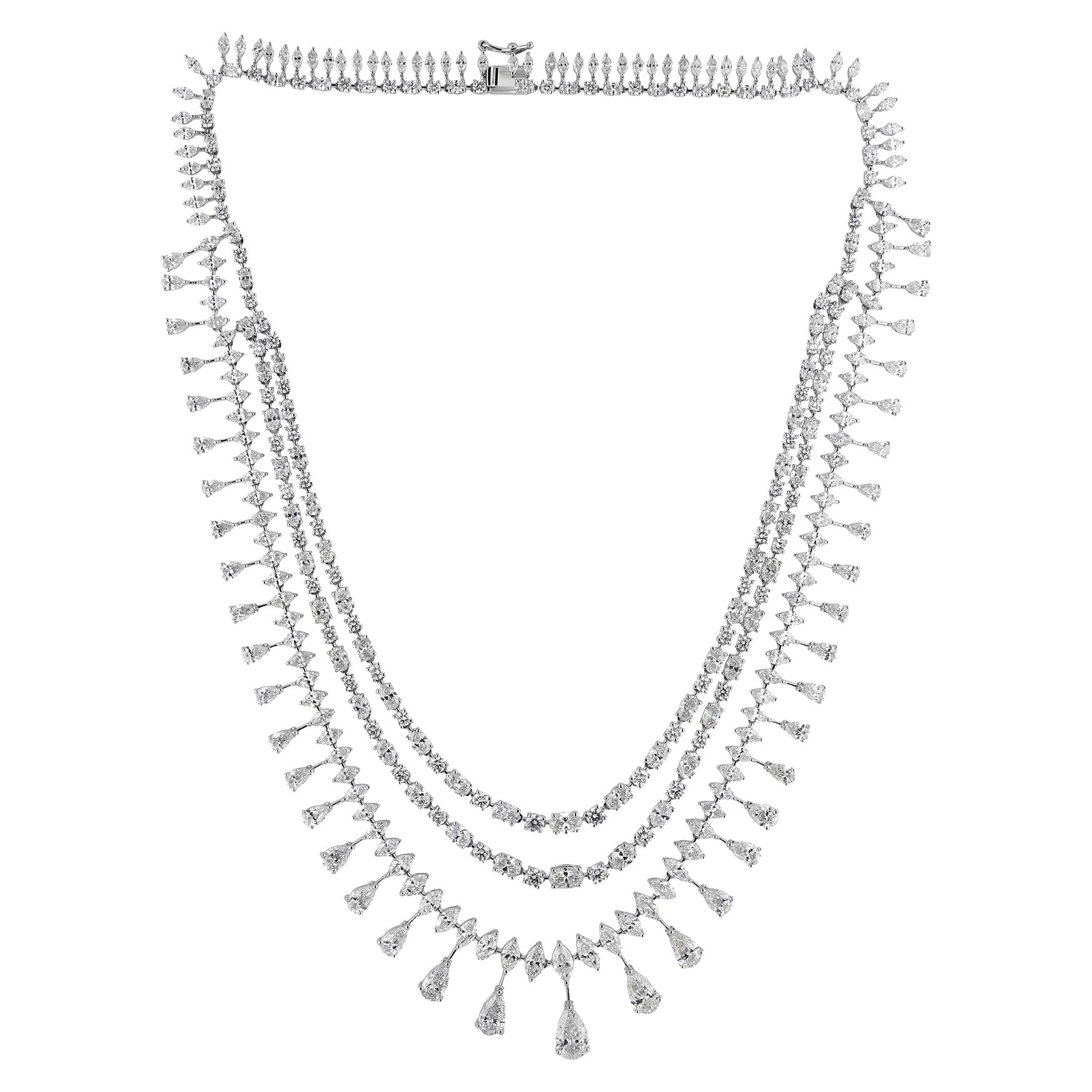 18K White Gold Triple Layer 38.2ct Pear Cut Diamond Fringe Necklace