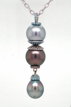 18k White Gold Triple Tahitian Necklace with Blue and Cognac Colored Diamonds