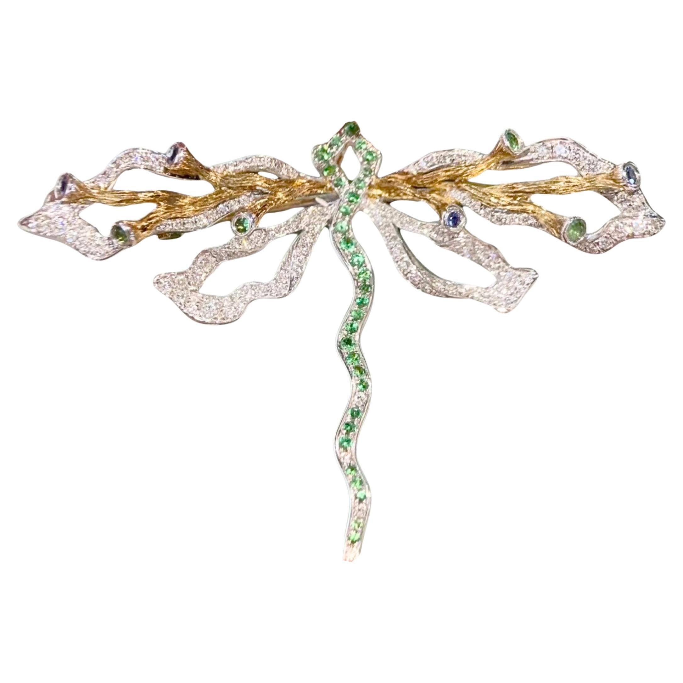 18K White Gold Tsavorite & Multi-Color Sapphire Dragonfly Brooch & Pendant