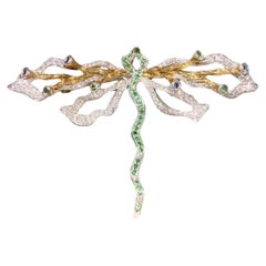 18K White Gold Tsavorite & Multi-Color Sapphire Dragonfly Brooch & Pendant