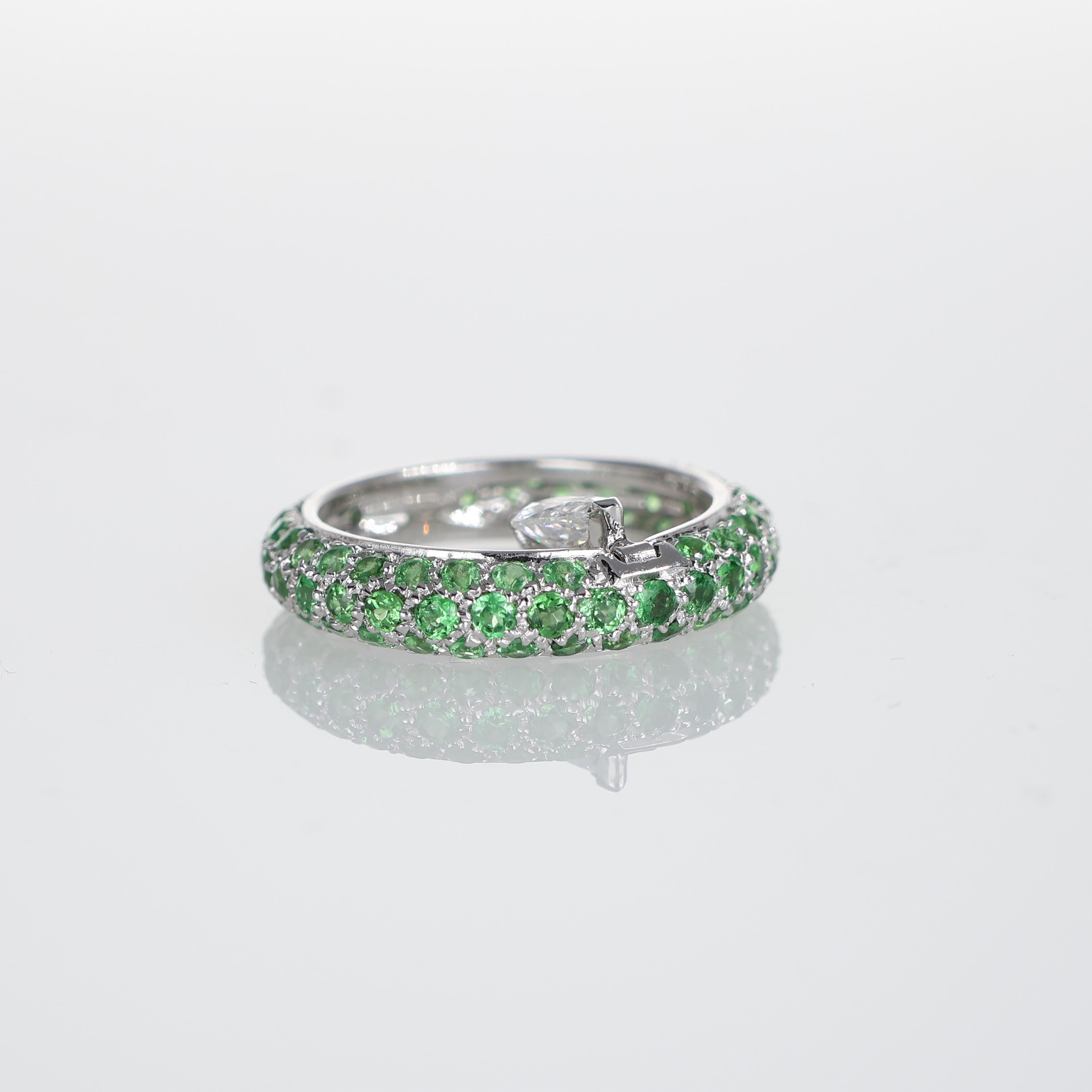 Women's or Men's 18K White Gold Tsavorite Pavé Band Ring with Pear-Cut Diamond Pendant For Sale