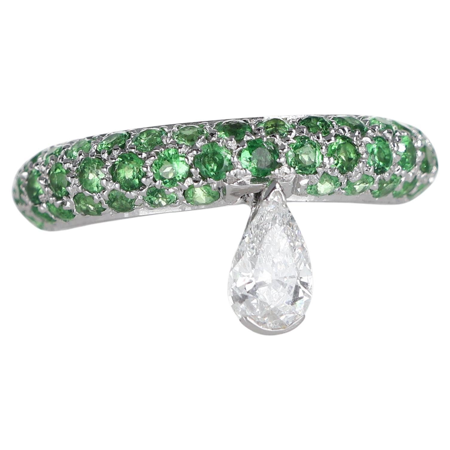 18K White Gold Tsavorite Pavé Band Ring with Pear-Cut Diamond Pendant