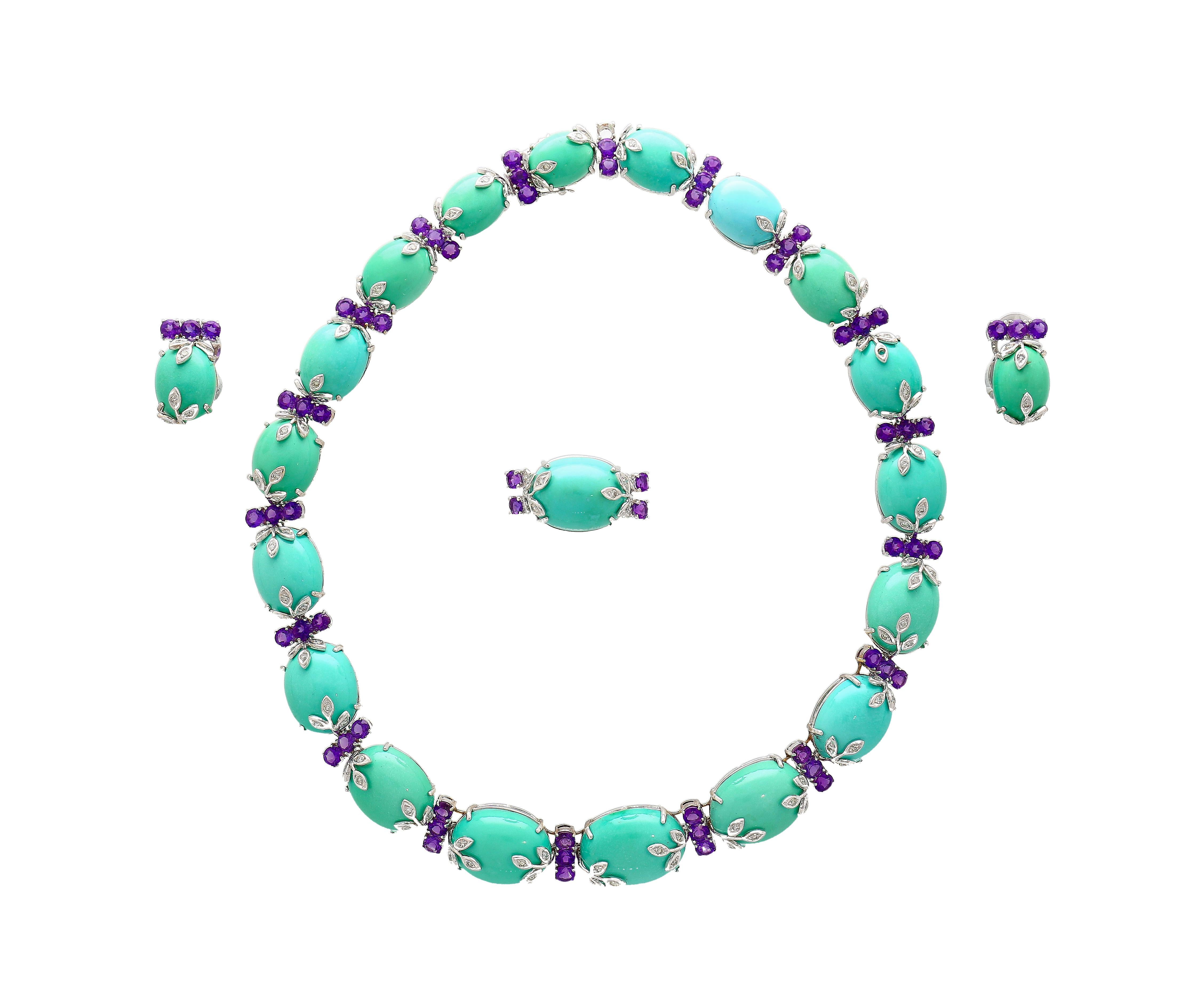 18K white gold choker necklace, weighing 63.73 grams and measuring 15 inches in length with a box closure. The necklace features a floral oriental motif adorned with 20 Turquoise center stones, of 263.90 carats. Cabochon cut with measurements