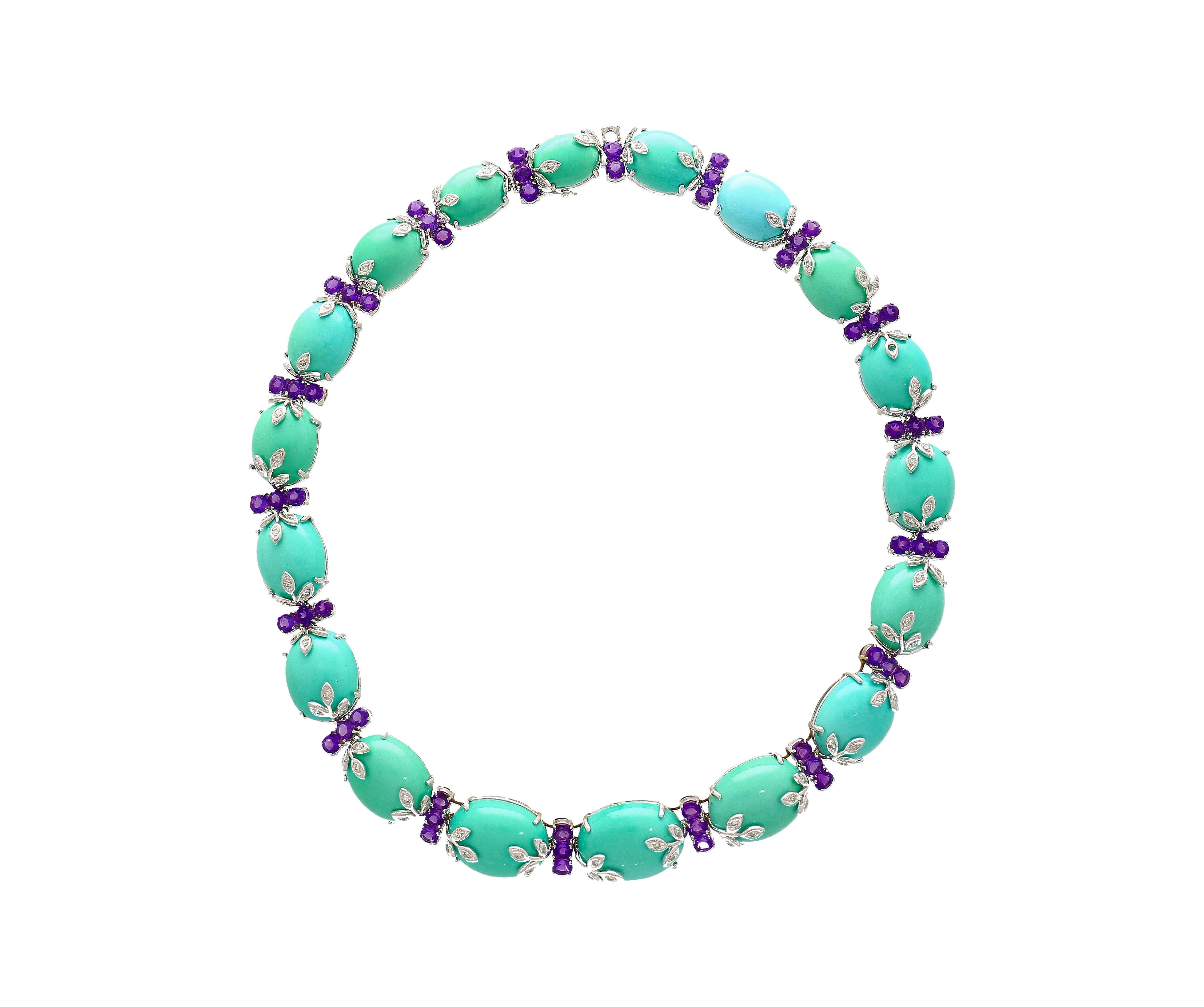 Cabochon 18K White Gold Turquoise and Amethyst Choker Necklace For Sale