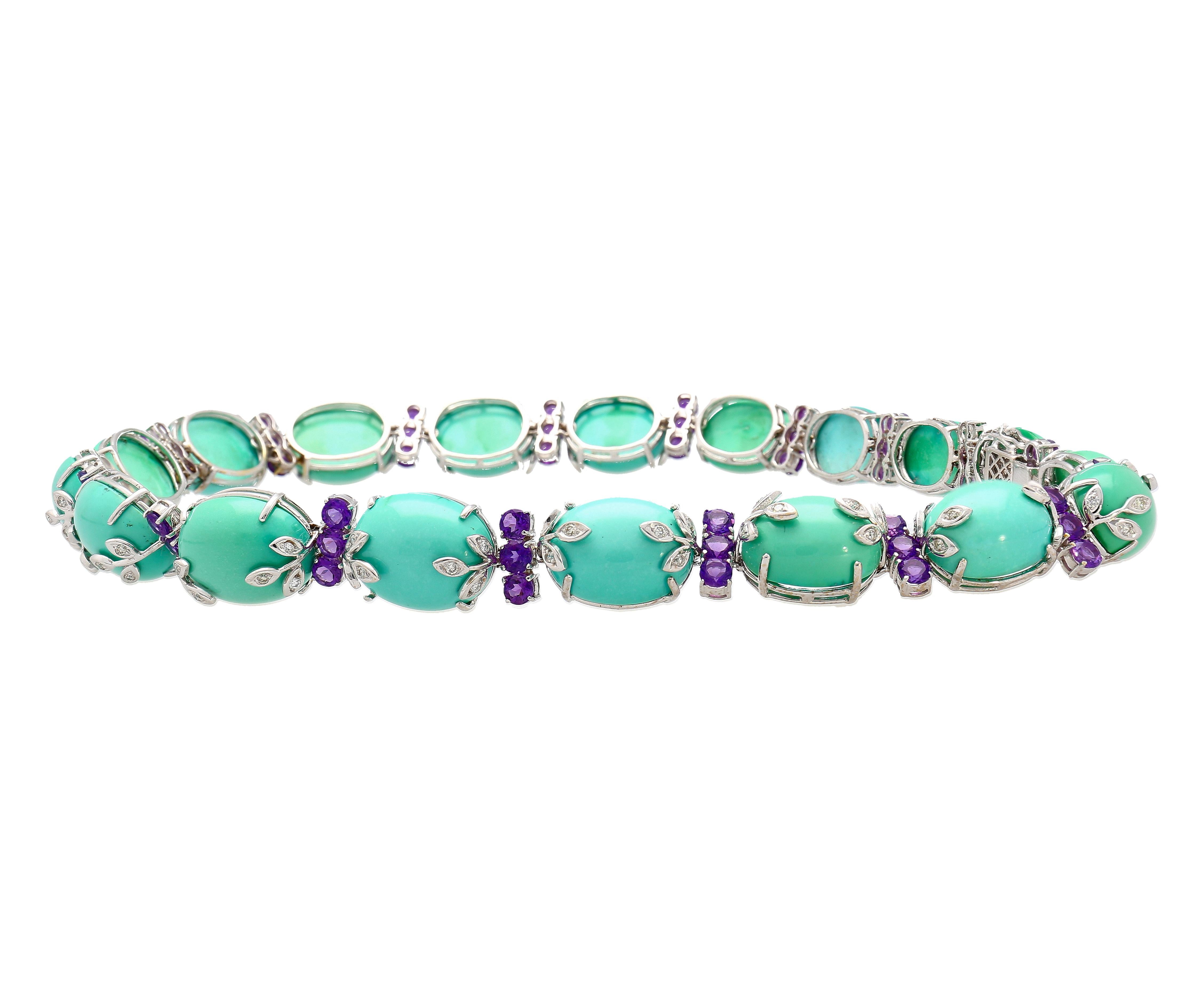 18K White Gold Turquoise and Amethyst Choker Necklace In New Condition For Sale In Miami, FL