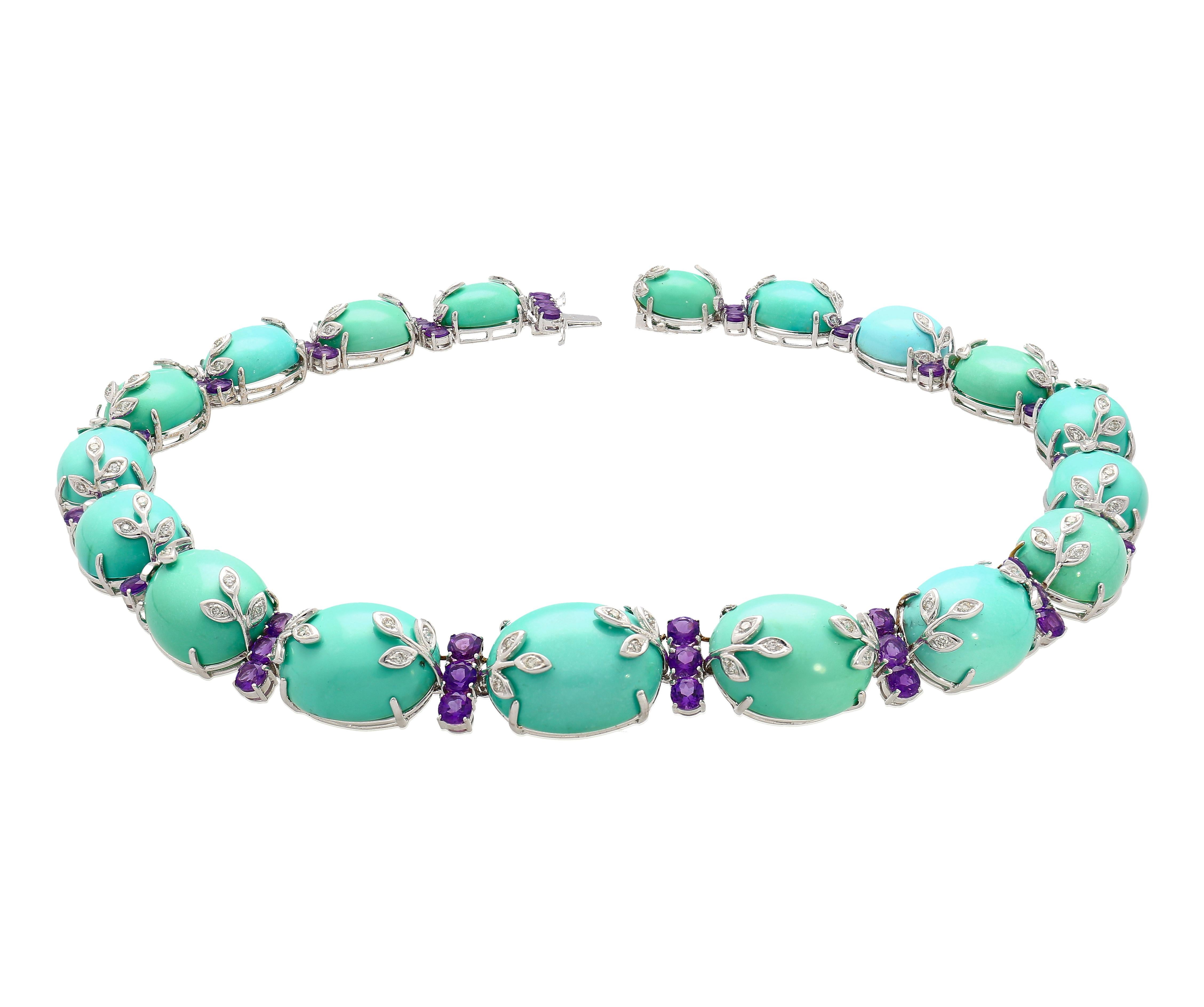 18K White Gold Turquoise and Amethyst Choker Necklace For Sale 1