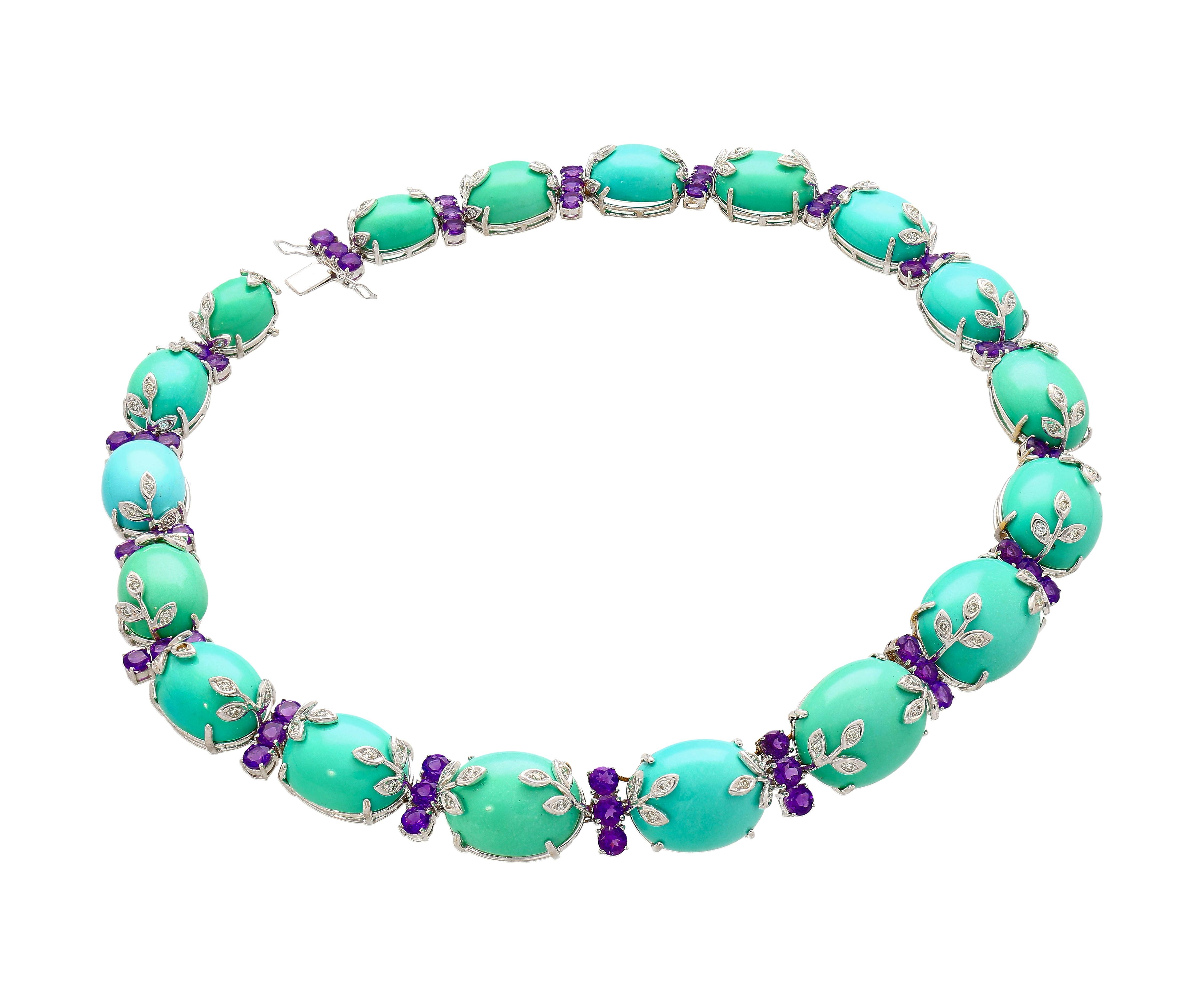 18K White Gold Turquoise and Amethyst Choker Necklace For Sale 2