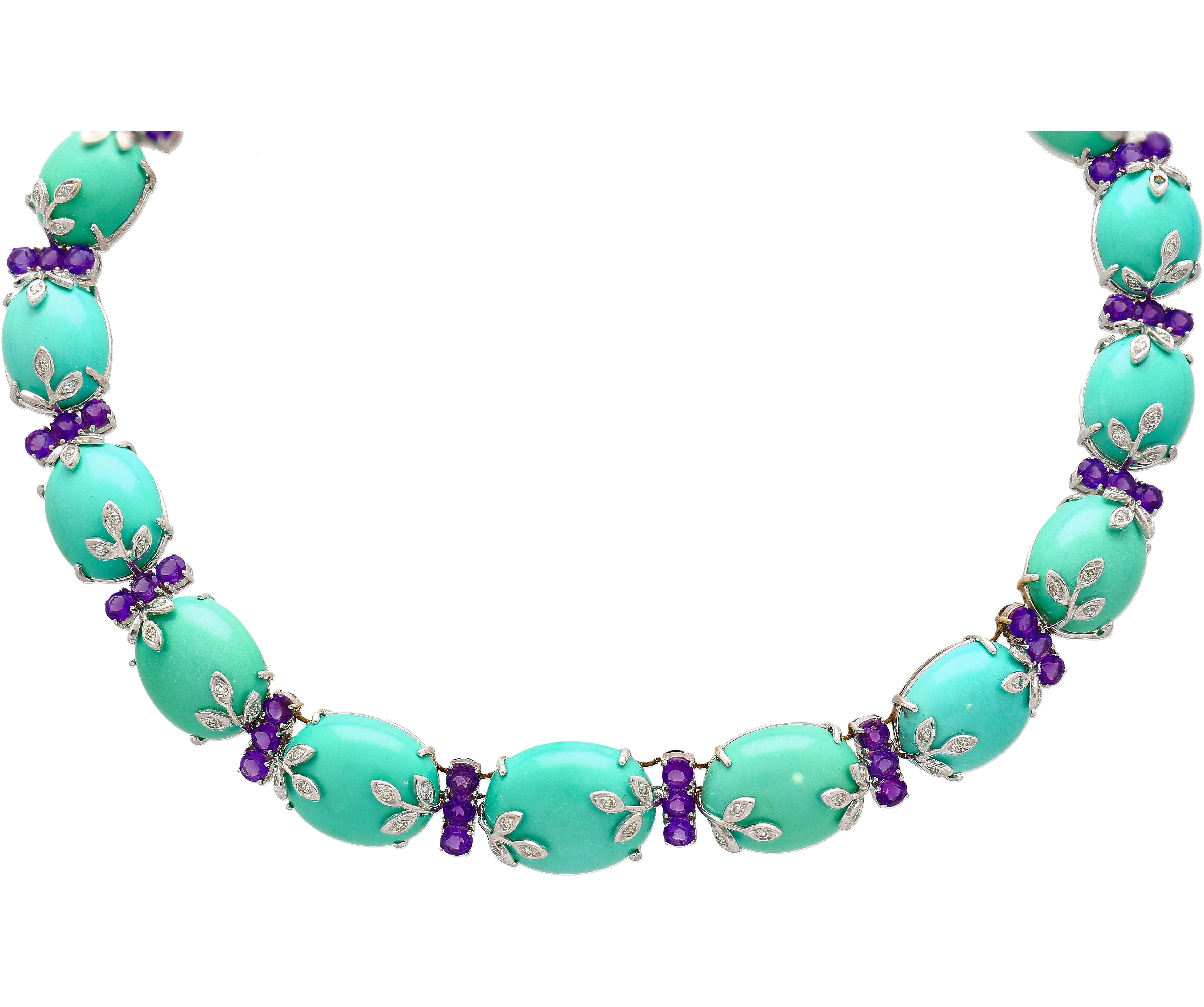 18K White Gold Turquoise and Amethyst Choker Necklace For Sale 3