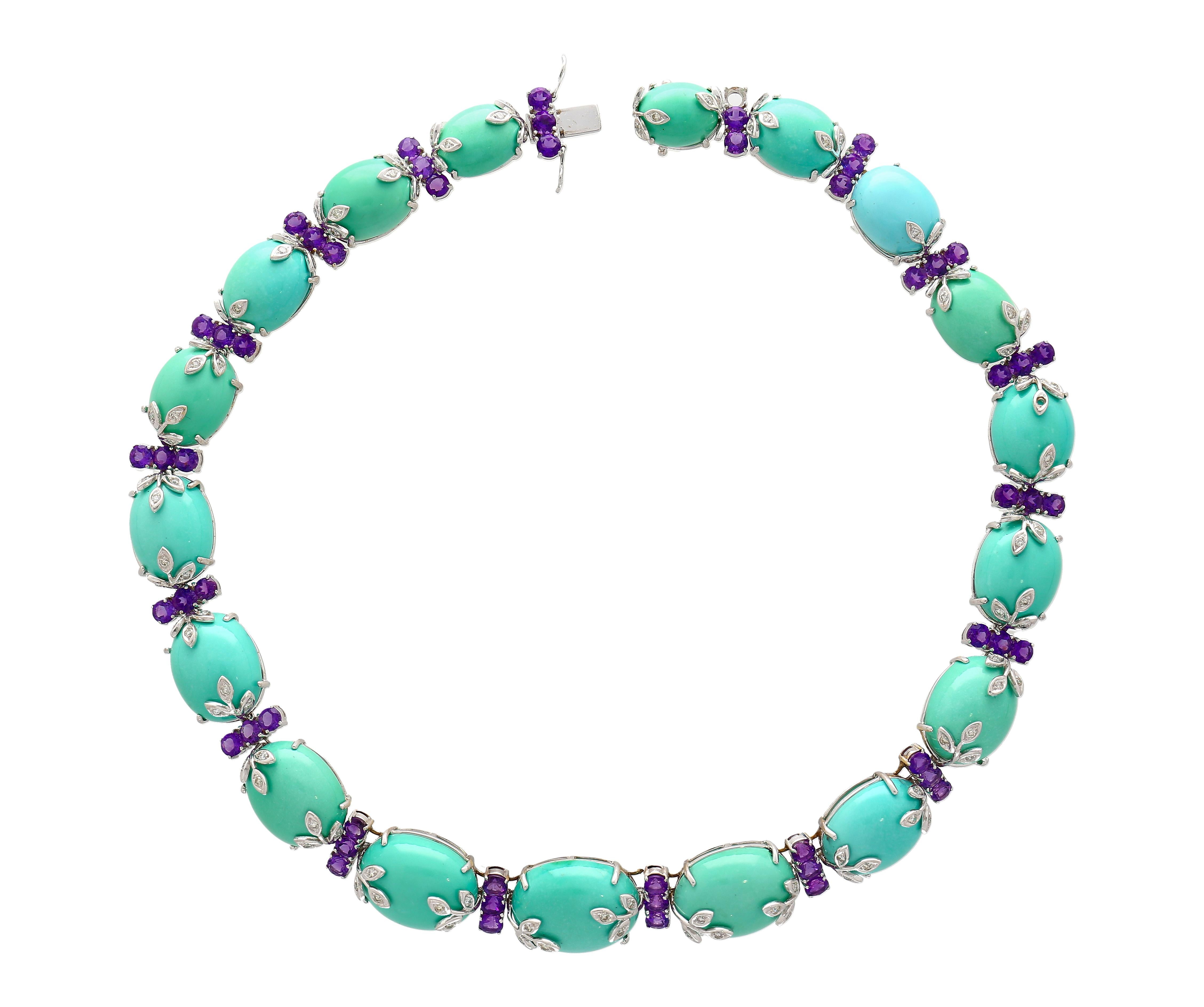 18K White Gold Turquoise and Amethyst Choker Necklace For Sale 4