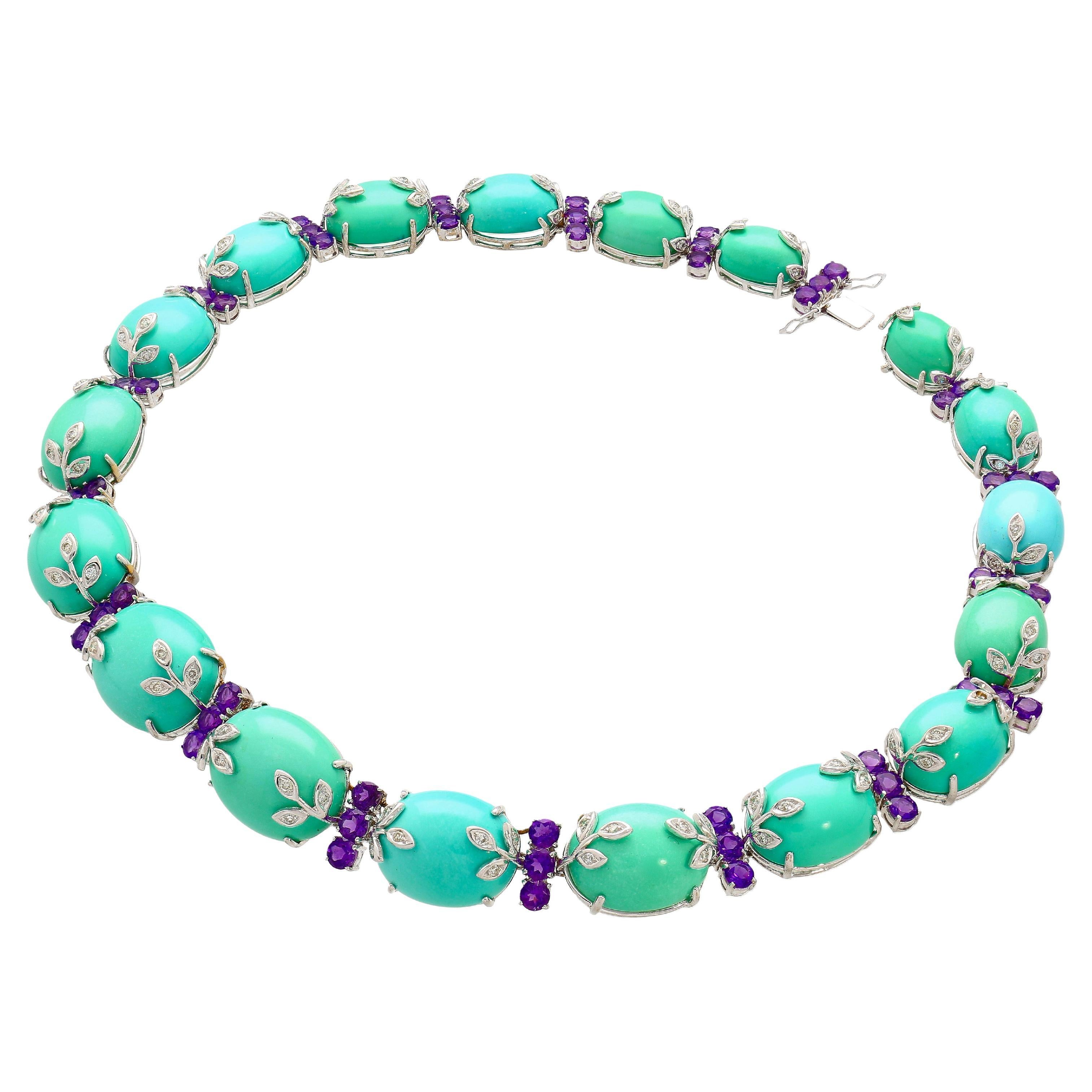 18K White Gold Turquoise and Amethyst Choker Necklace For Sale