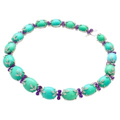 18K White Gold Turquoise and Amethyst Choker Necklace