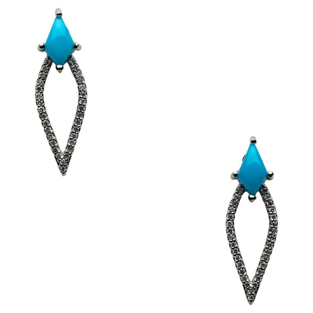 18K White Gold, Turquoise and Diamond Stud Earings For Sale