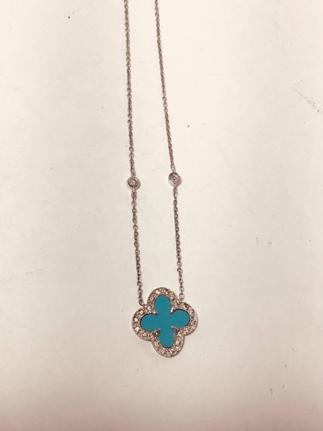 18K White Gold Turquoise Clover Necklace with Pave Diamonds