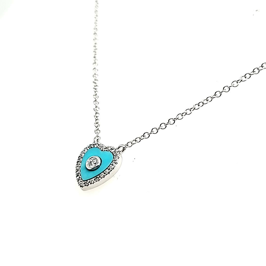 Taille ronde Collier en or blanc 18 carats, turquoise Cts 0,29 et diamant rond Cts 0,11 en vente