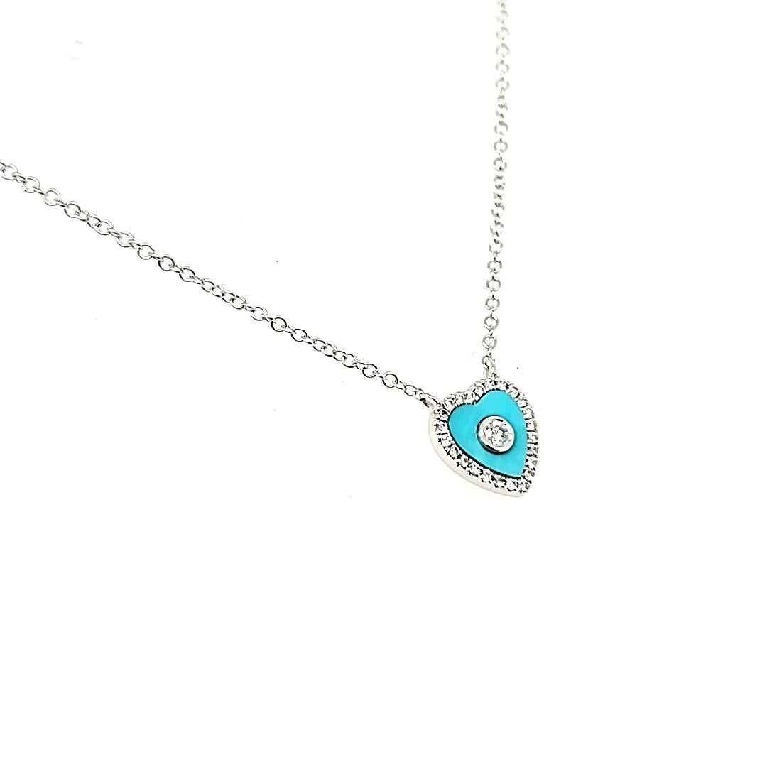 Collier en or blanc 18 carats, turquoise Cts 0,29 et diamant rond Cts 0,11 Neuf - En vente à Hong Kong, HK