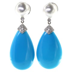 65.08 Carats Turquoise South Sea Pearl Earrings in 18 Karat White Gold
