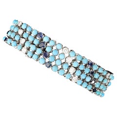 Vintage 18k White Gold Turquoise, Lapis, and Diamond Bracelet