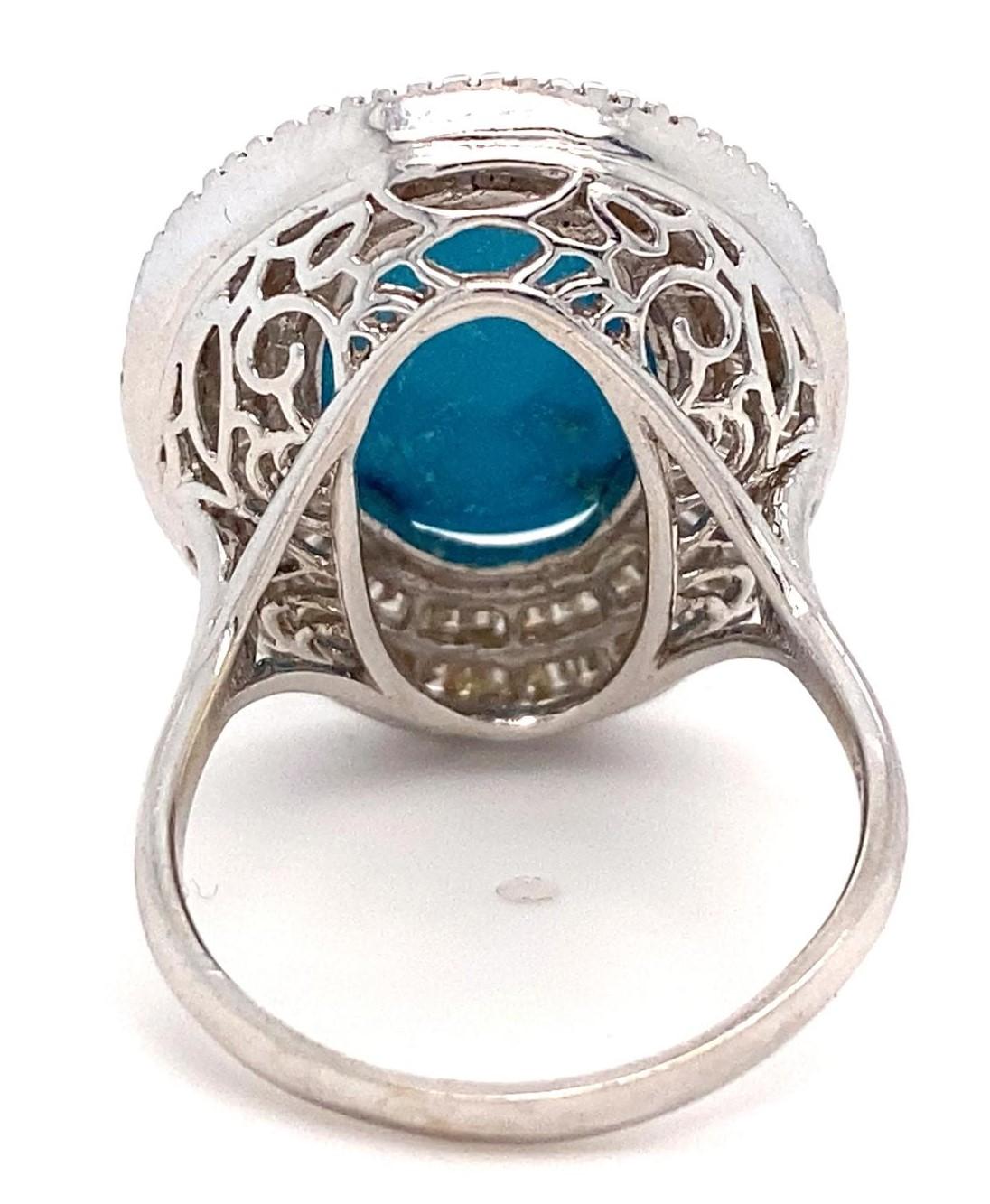 18k White Gold & Turquoise Solitaire Ring w/ 2.0ct Ballerina Diamonds, Size 9.25 For Sale 4