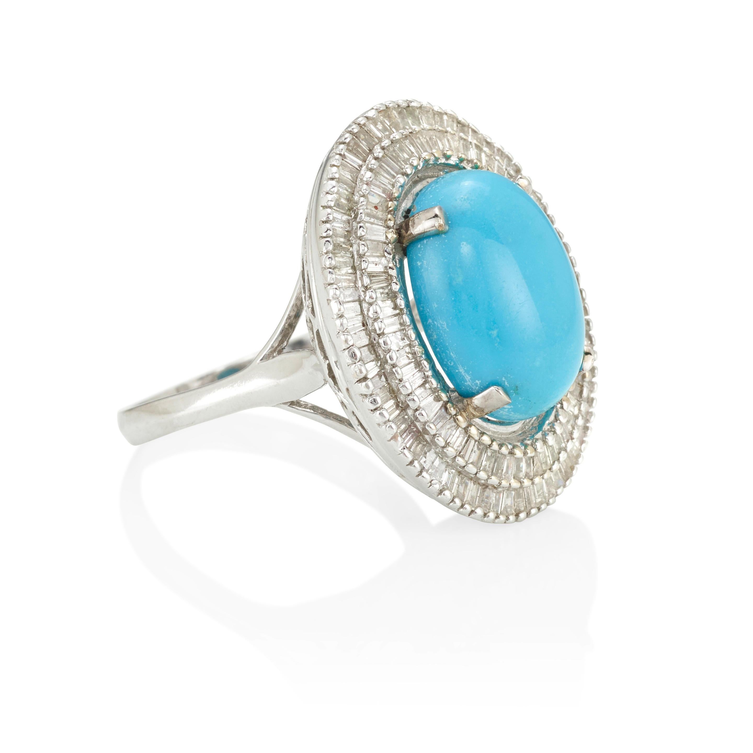 Modern 18k White Gold & Turquoise Solitaire Ring w/ 2.0ct Ballerina Diamonds, Size 9.25 For Sale