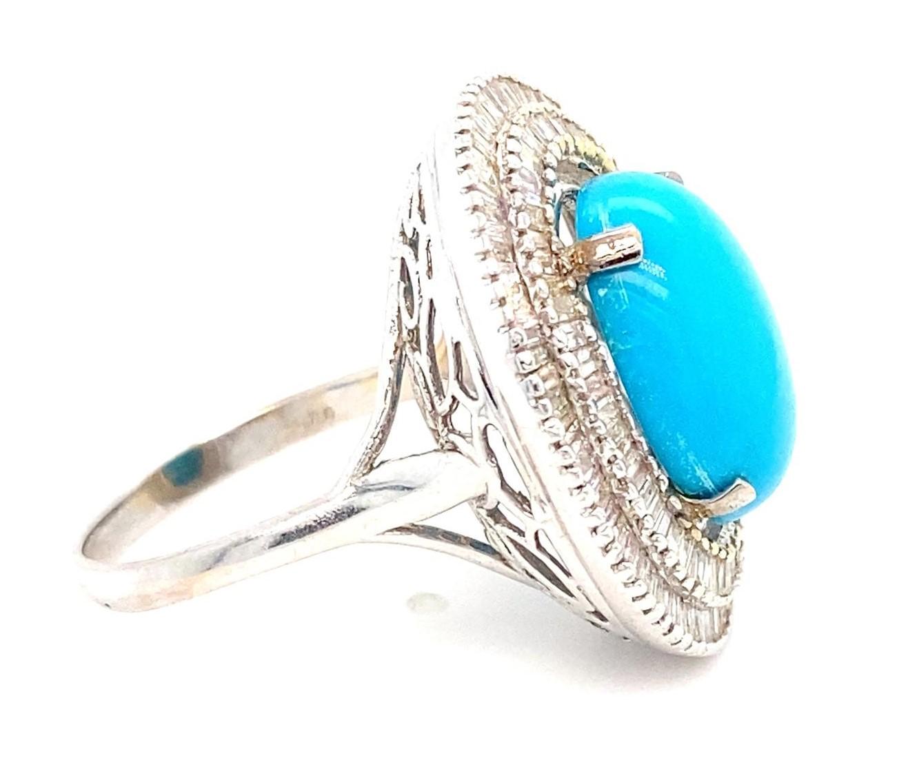 18k White Gold & Turquoise Solitaire Ring w/ 2.0ct Ballerina Diamonds, Size 9.25 In Good Condition For Sale In Sherman Oaks, CA