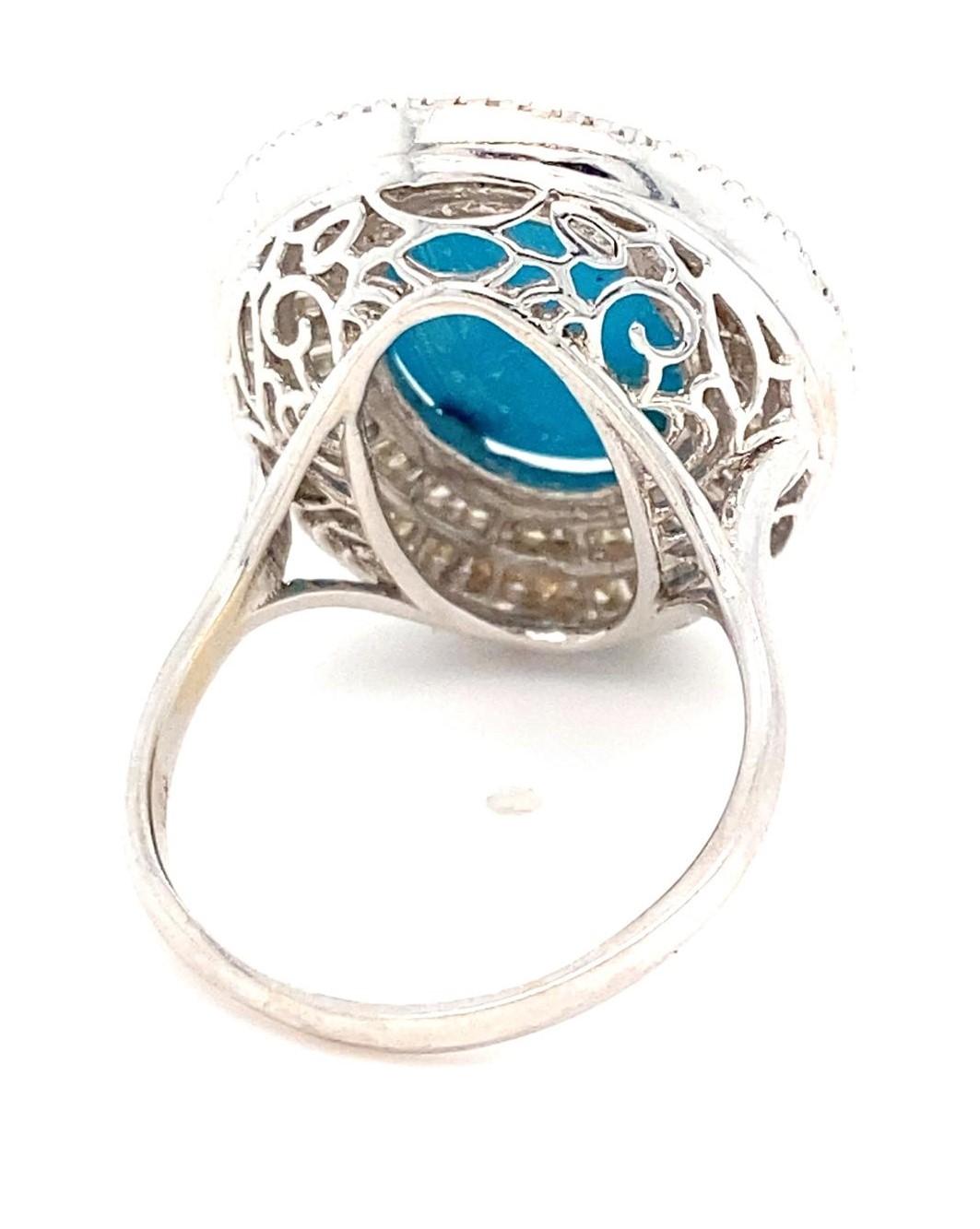 Women's or Men's 18k White Gold & Turquoise Solitaire Ring w/ 2.0ct Ballerina Diamonds, Size 9.25 For Sale