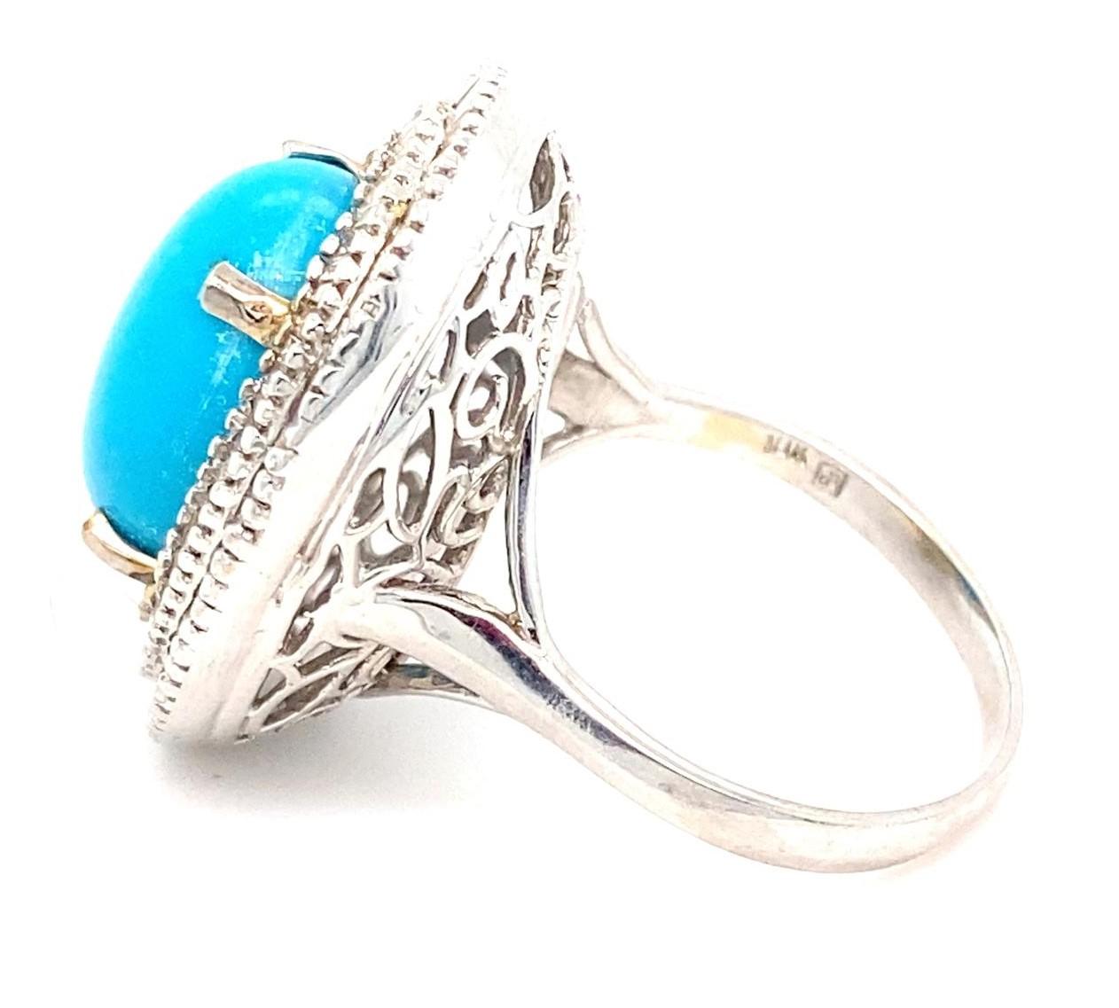 18k White Gold & Turquoise Solitaire Ring w/ 2.0ct Ballerina Diamonds, Size 9.25 For Sale 1