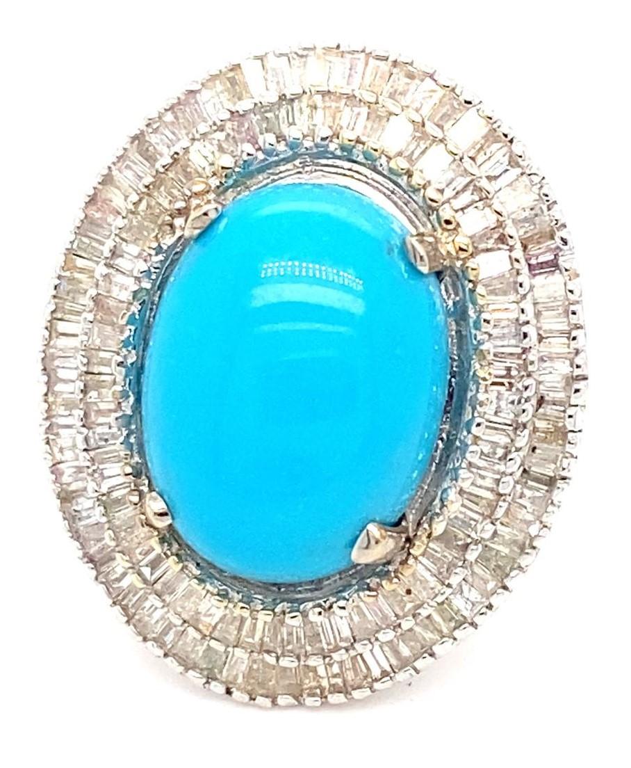 18k White Gold & Turquoise Solitaire Ring w/ 2.0ct Ballerina Diamonds, Size 9.25 For Sale 2