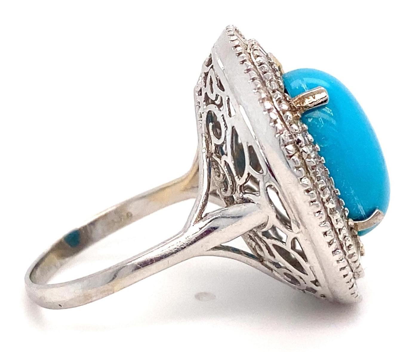18k White Gold & Turquoise Solitaire Ring w/ 2.0ct Ballerina Diamonds, Size 9.25 For Sale 3