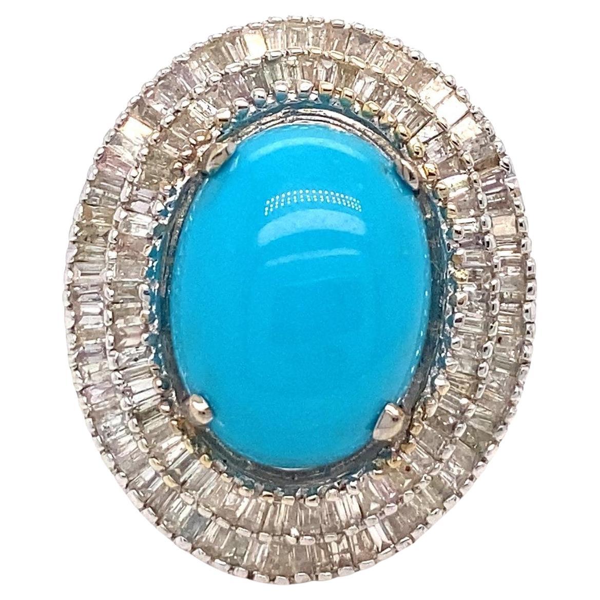 18k White Gold & Turquoise Solitaire Ring w/ 2.0ct Ballerina Diamonds, Size 9.25 For Sale
