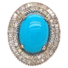 Anillo Solitario de Oro Blanco de 18k y Turquesa con Diamantes Bailarina de 2.0ct, Talla 9.25