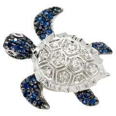 18K White Gold Turtle Blue Sapphire and Diamond Brooch