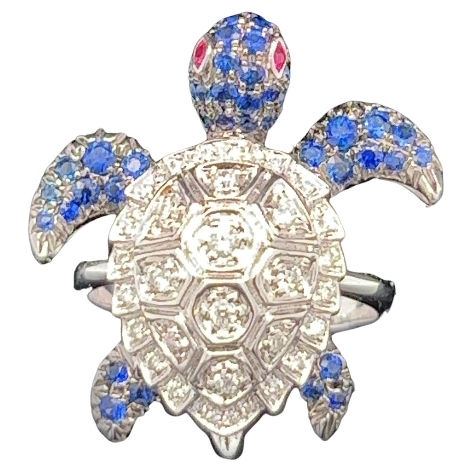 18K White Gold Turtle Blue Sapphire and Diamond Ring