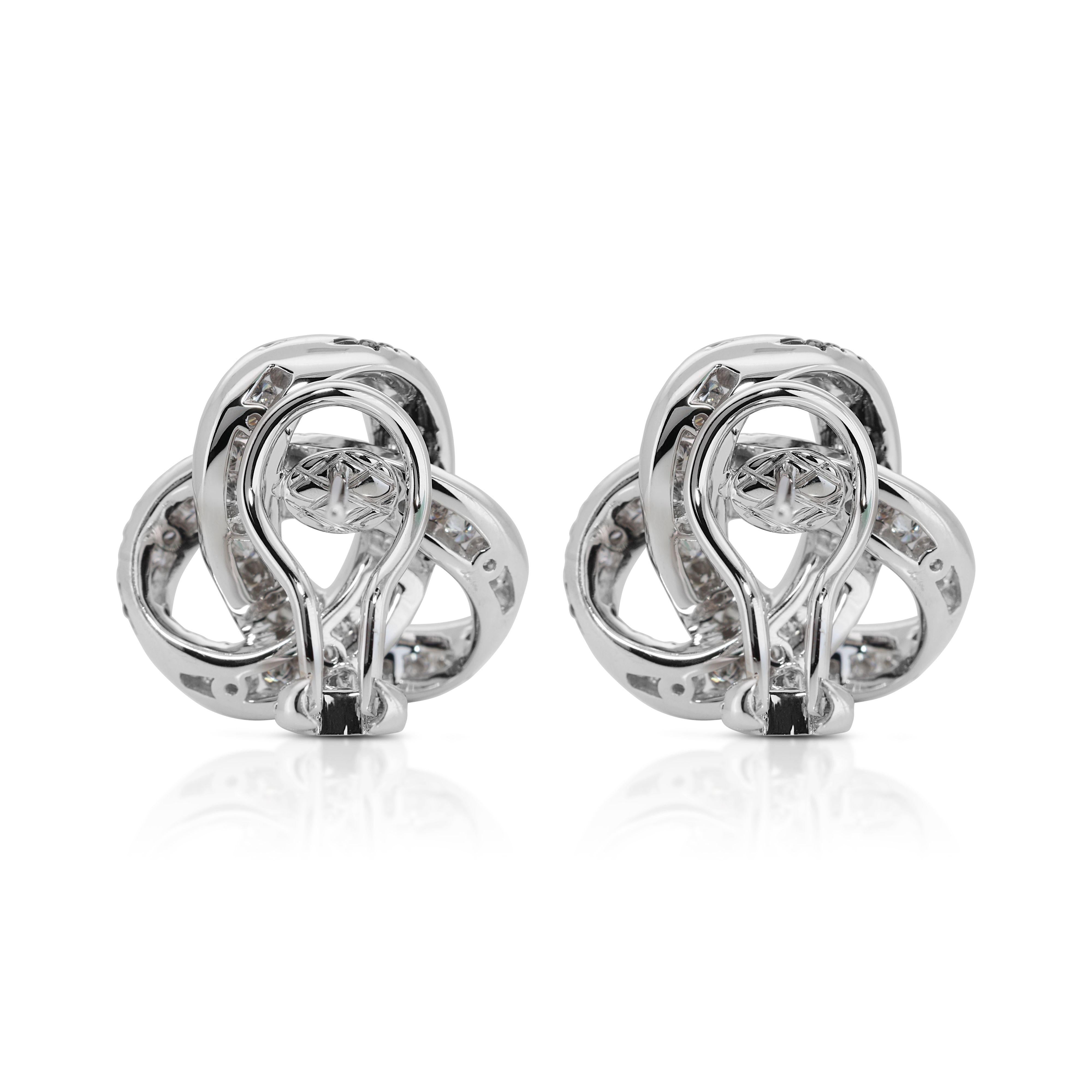 Women's 18k White Gold Twist Knot Stud Earrings with 3.85 Carat of Natural Diamonds For Sale